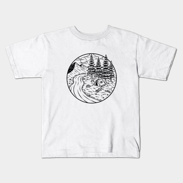 Camping in the Forest - Nature Lover Illustration - Hiking and Outdoor Camping Art Kids T-Shirt by edwardechoblue